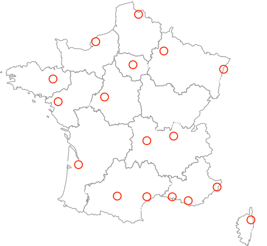 Carte de la France indiquant les lieux de formation possibles