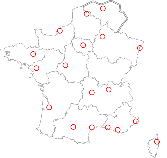 Carte de la France indiquant les lieux de formation possibles